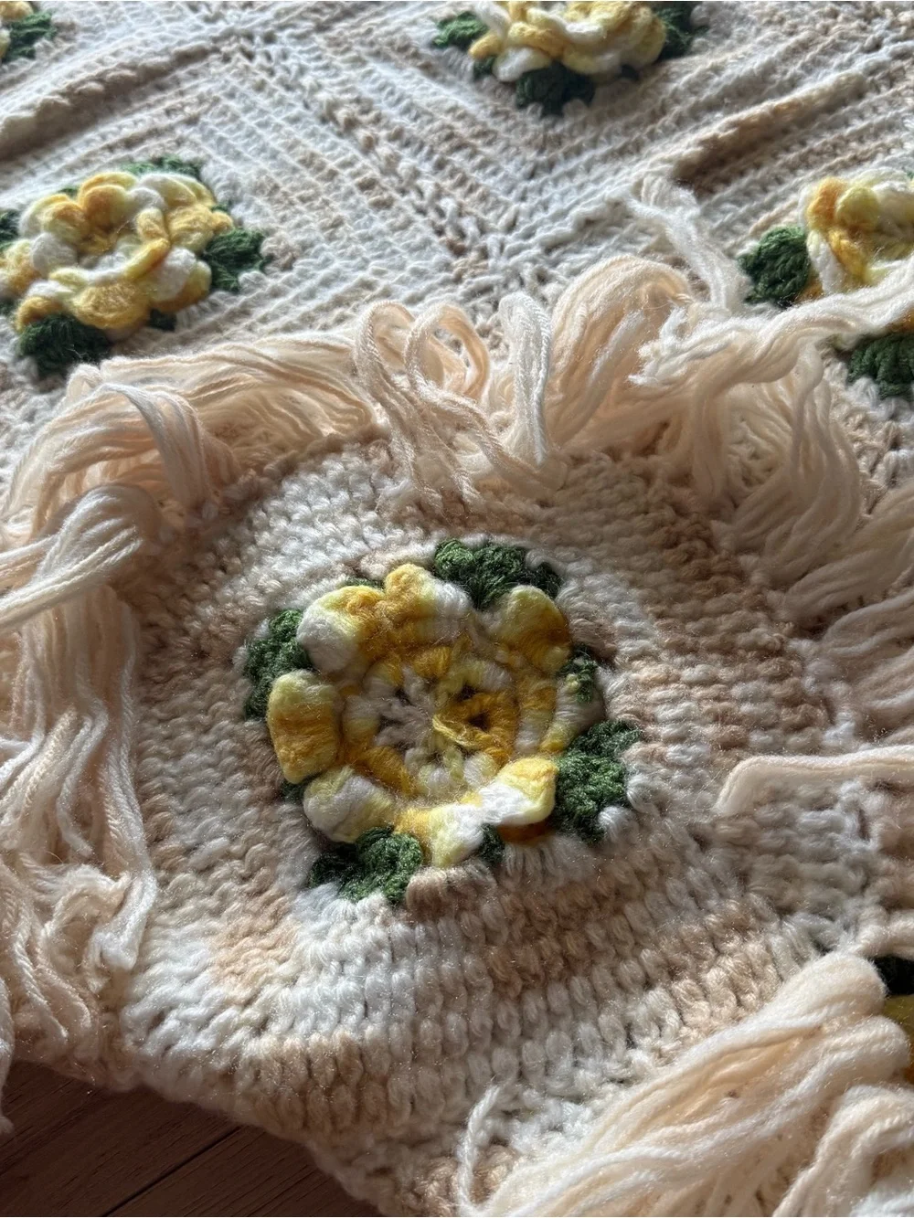 Cream & Yellow Floral Crochet Throw Blanket - Cozy Decorative Accent